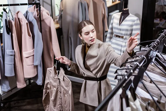 mujer mira chaquetas elegantes en tienda